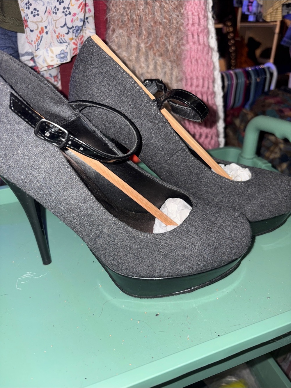 Candie's Gray Mary Jane Platform Heels with Ankle Strap